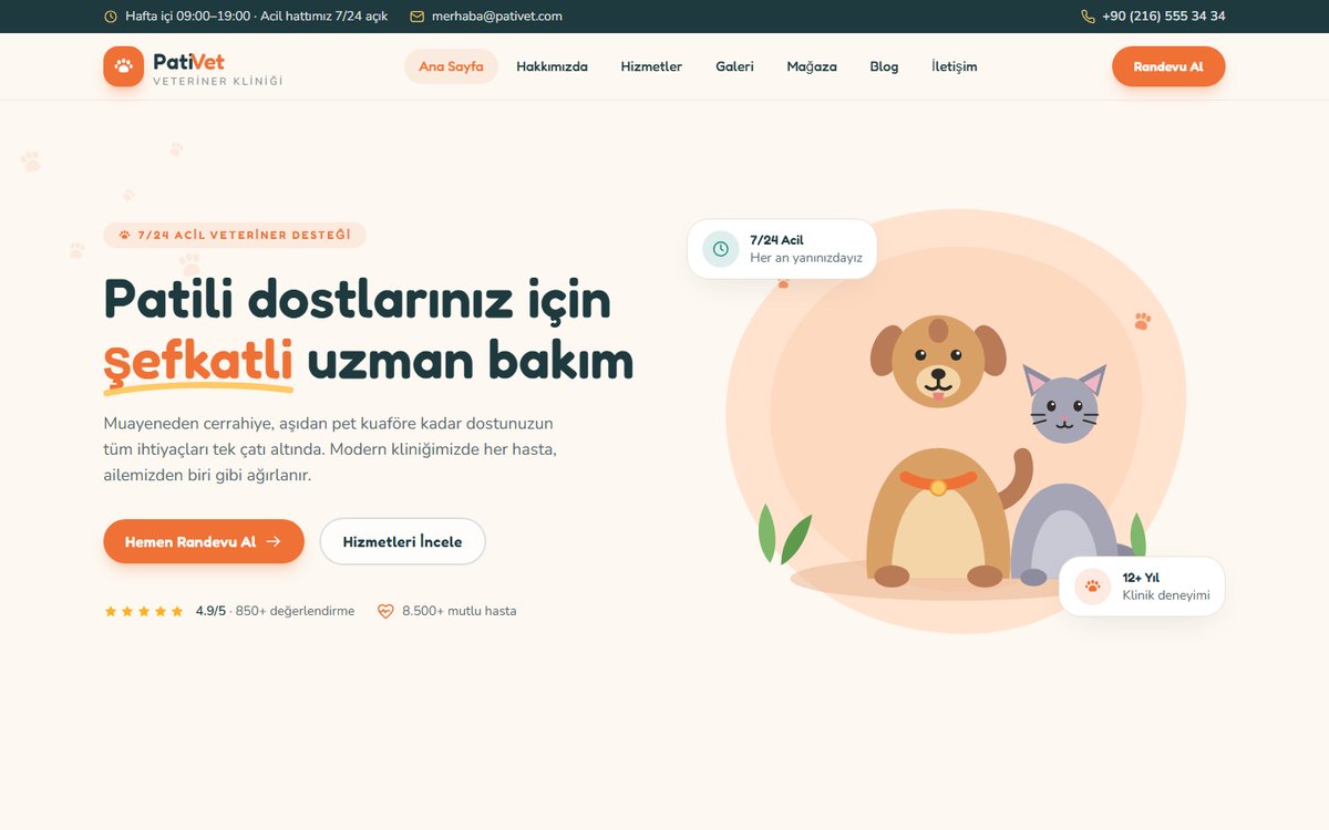 PatiVet veteriner kliniği web sitesi anasayfa tasarımı